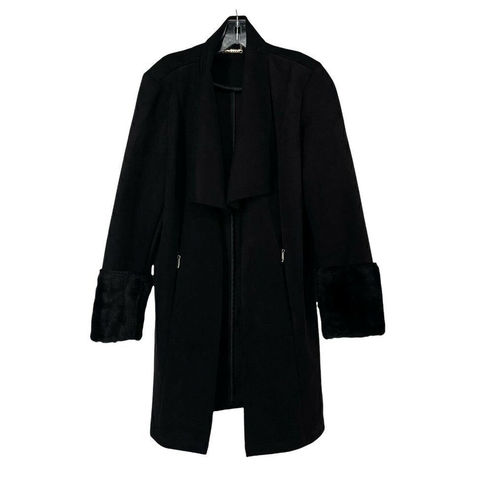 T Tahari Black Coat Draped Open Front Faux Fur Trim Vegan Microsuede Chic Size L